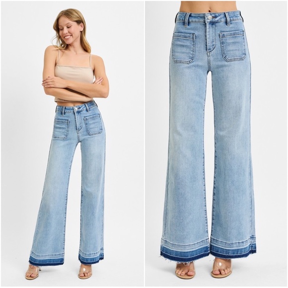 Risen Light Wash Pockets High Waisted Wide Leg Denim Jeans - Picture 2 of 3